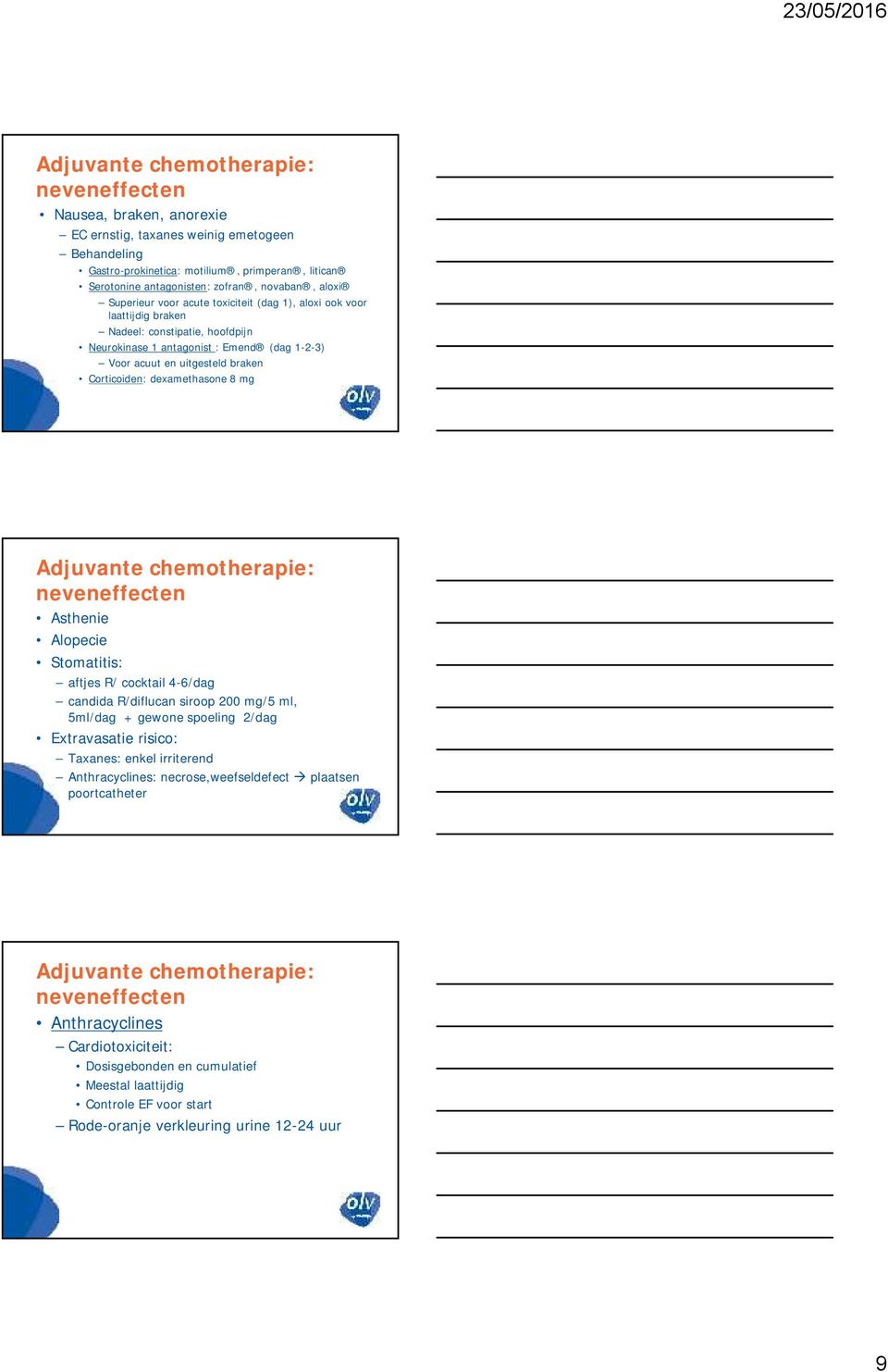 Corticoiden: dexamethasone 8 mg Adjuvante chemotherapie: neveneffecten Asthenie Alopecie Stomatitis: aftjes R/ cocktail 4-6/dag candida R/diflucan siroop 200 mg/5 ml, 5ml/dag + gewone spoeling 2/dag