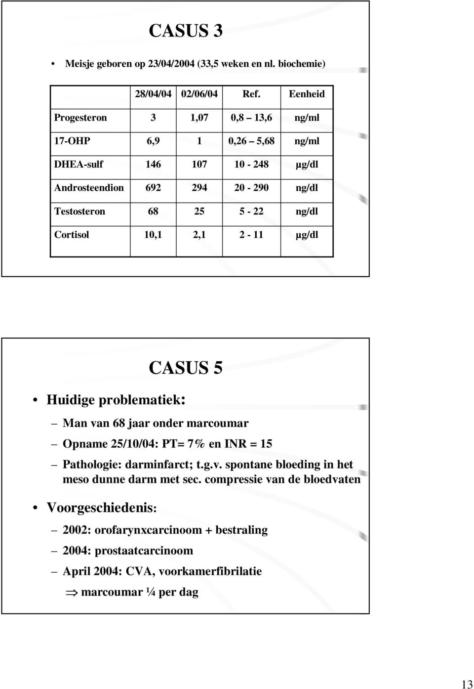 5-22 ng/dl Cortisol 10,1 2,1 2-11 µg/dl CASUS 5 Huidige problematiek: Man van 68 jaar onder marcoumar Opname 25/10/04: PT= 7% en INR = 15 Pathologie: