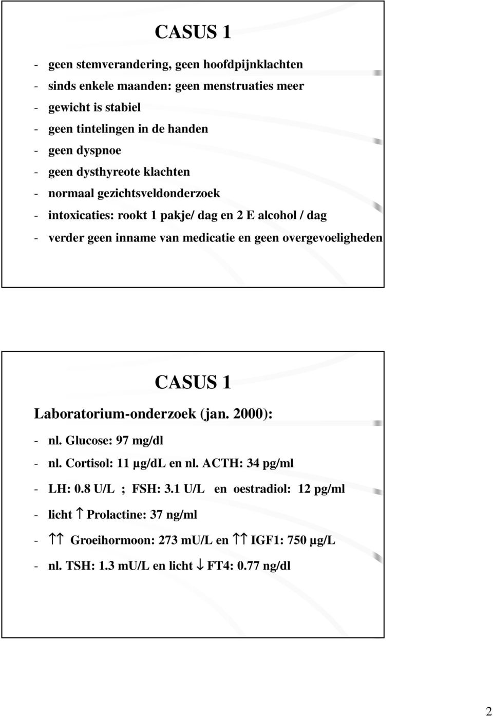 medicatie en geen overgevoeligheden CASUS 1 Laboratorium-onderzoek (jan. 2000): - nl. Glucose: 97 mg/dl - nl. Cortisol: 11 µg/dl en nl. ACTH: 34 pg/ml - LH: 0.