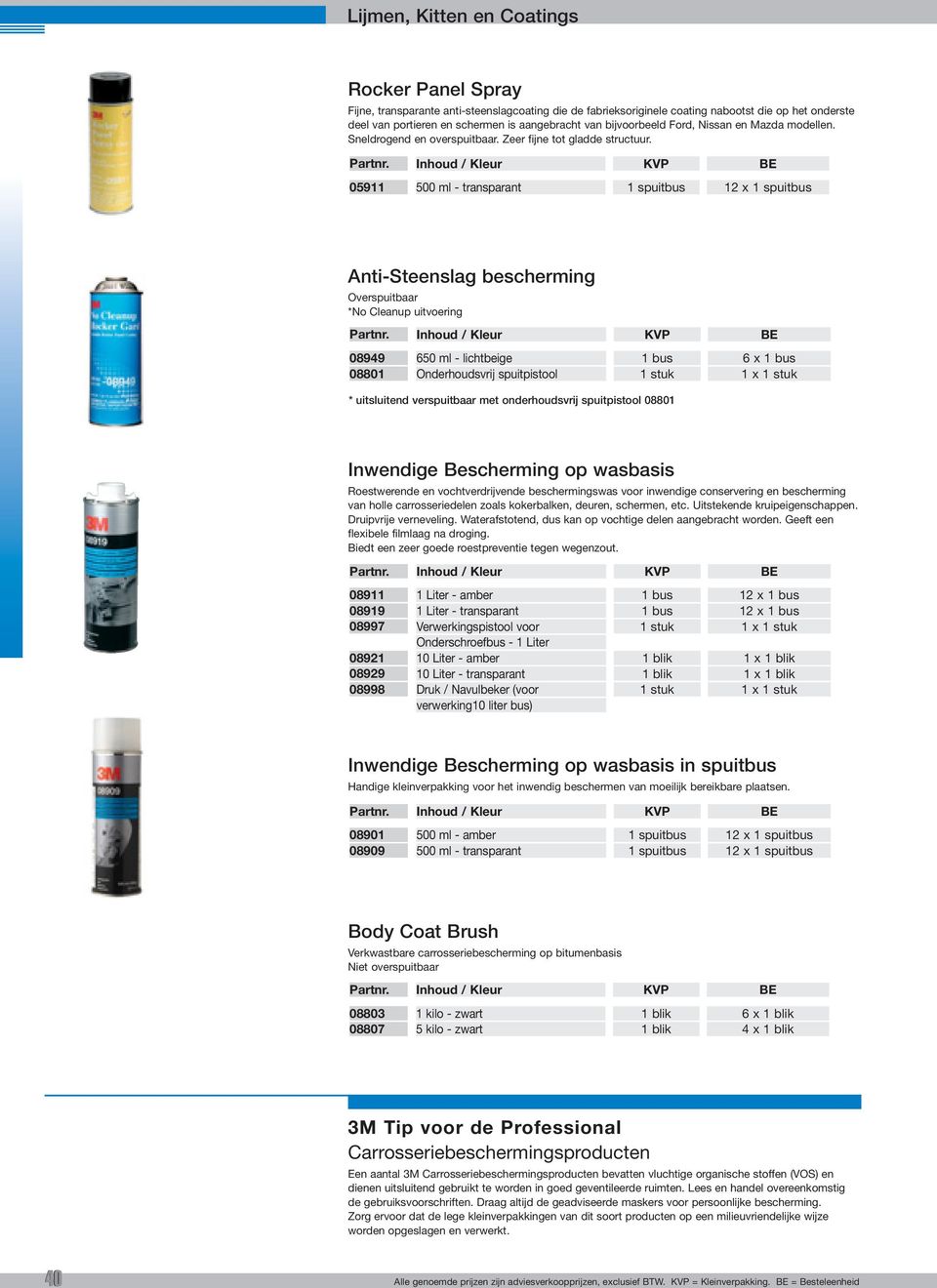 05911 500 ml - transparant 12 x Anti-Steenslag bescherming Overspuitbaar *No Cleanup uitvoering 08949 08801 650 ml - lichtbeige Onderhoudsvrij spuitpistool 6 x 1 x * uitsluitend verspuitbaar met