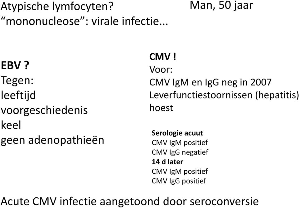 Voor: CMV IgM en IgG neg in 2007 Leverfunctiestoornissen (hepatitis) hoest Serologie