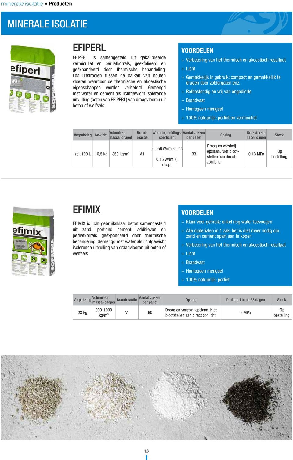 Gemengd met water en cement als lichtgewicht isolerende uitvulling (beton van EFIPERL) van draagvloeren uit beton of welfsels.