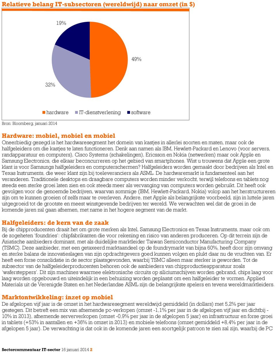 Denk aan namen als IBM, Hewlett-Packard en Lenovo (voor servers, randapparatuur en computers), Cisco Systems (schakelingen), Ericsson en Nokia (netwerken) maar ook Apple en Samsung Electronics, die