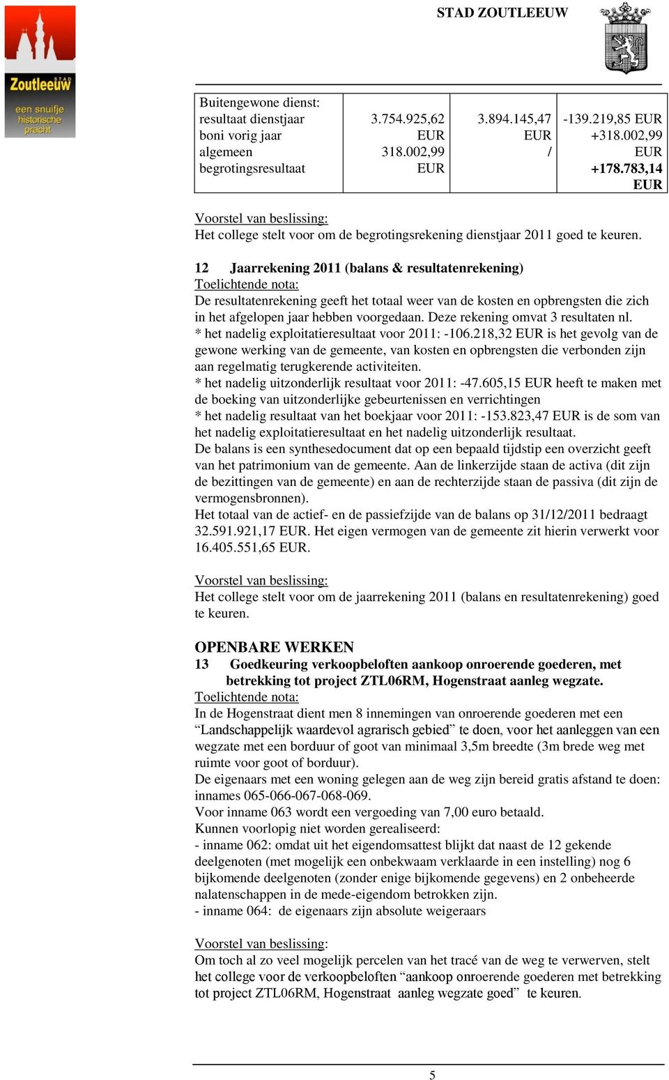 12 Jaarrekening 2011 (balans & resultatenrekening) De resultatenrekening geeft het totaal weer van de kosten en opbrengsten die zich in het afgelopen jaar hebben voorgedaan.