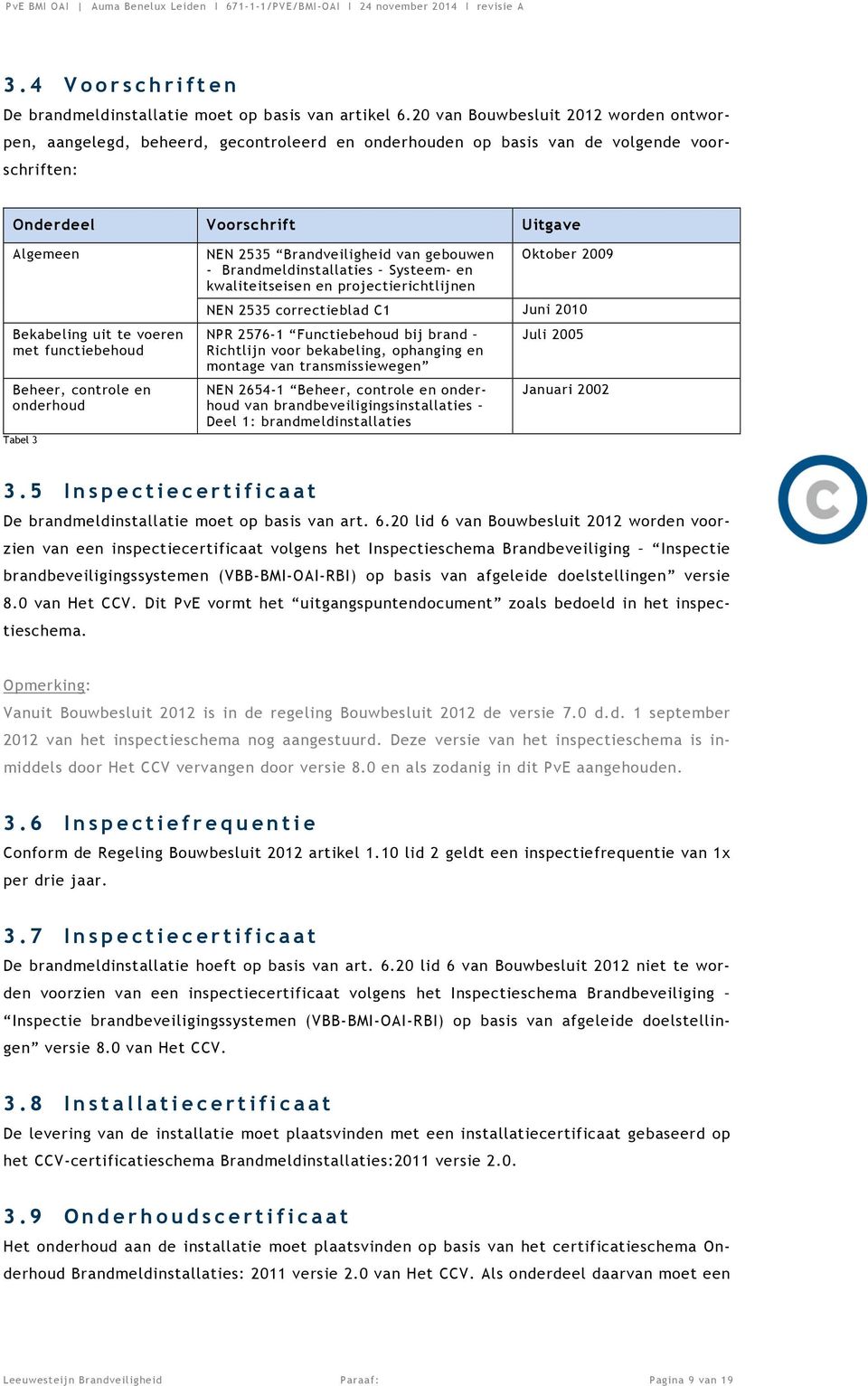 functiebehoud Beheer, controle en onderhoud Tabel 3 NEN 2535 Brandveiligheid van gebouwen - Brandmeldinstallaties Systeem- en kwaliteitseisen en projectierichtlijnen Oktober 2009 NEN 2535