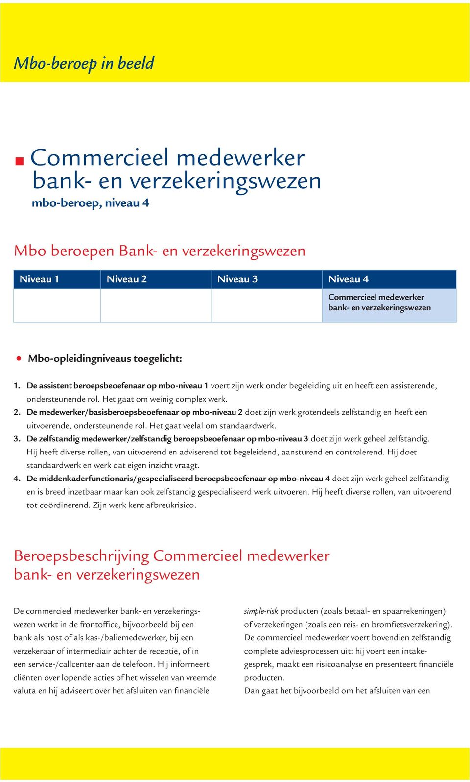 De medewerker/basisberoepsbeoefenaar op mbo-niveau 2 doet zijn werk grotendeels zelfstandig en heeft een uitvoerende, ondersteunende rol. Het gaat veelal om standaardwerk. 3.