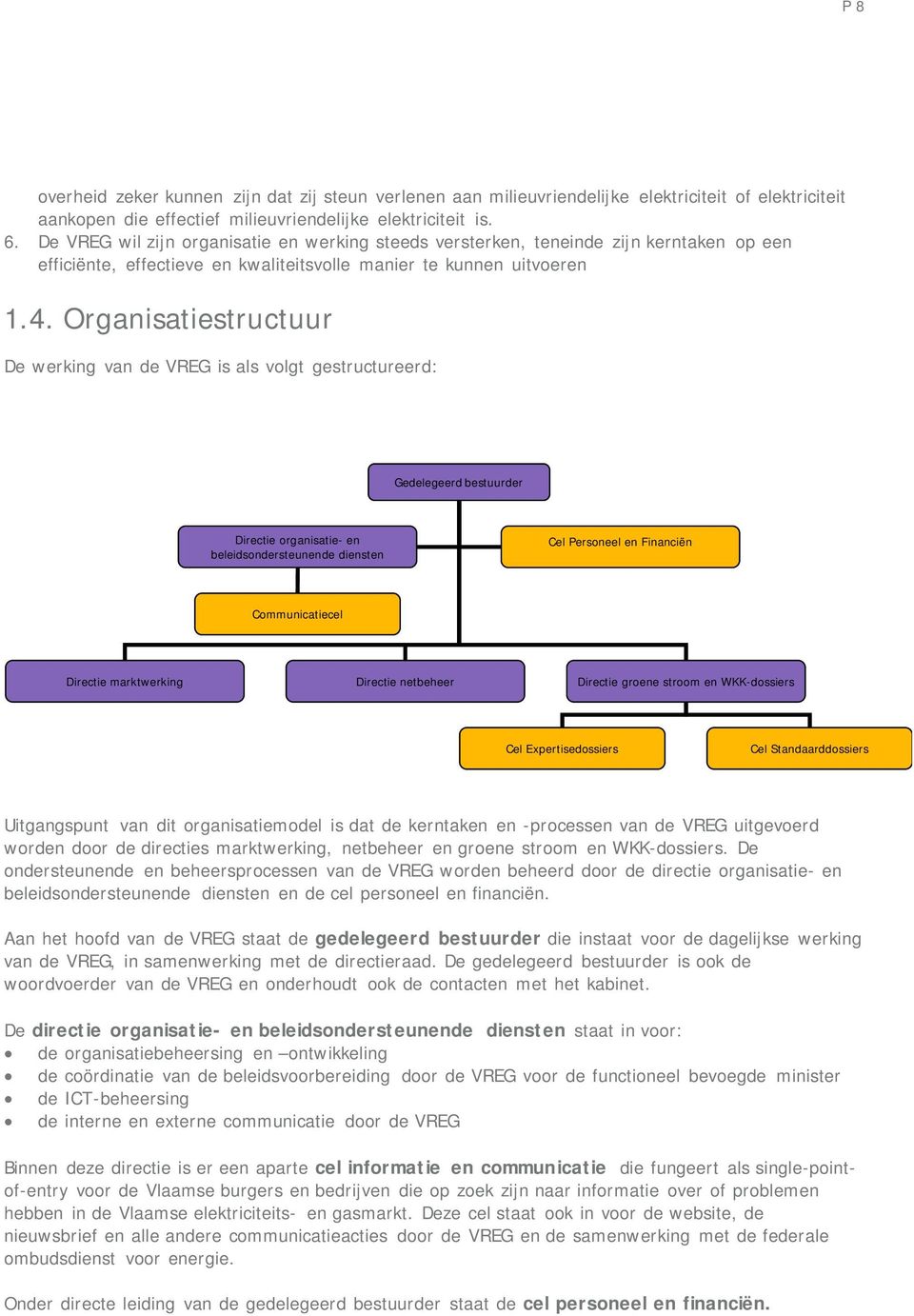 Organisatiestructuur De werking van de VREG is als volgt gestructureerd: Gedelegeerd bestuurder Directie organisatie- en beleidsondersteunende diensten Cel Personeel en Financiën Communicatiecel