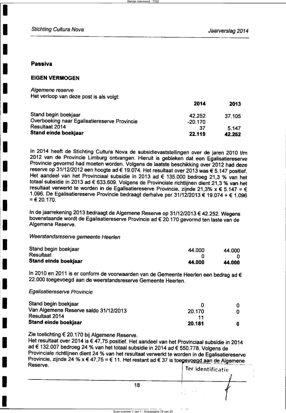 252 ln 214 heeft de Stichting Cultura Nova de subsidievaststellingen over de jaren 21 t/m 212 van de Provincie Limburg ontvangen.