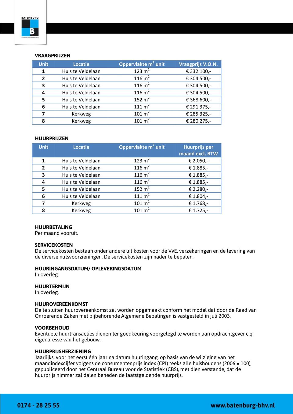 275,- HUURPRIJZEN Unit Locatie Oppervlakte m 2 unit Huurprijs per maand excl. BTW 1 Huis te Veldelaan 123 m 2 2.050,- 2 Huis te Veldelaan 116 m 2 1.885,- 3 Huis te Veldelaan 116 m 2 1.