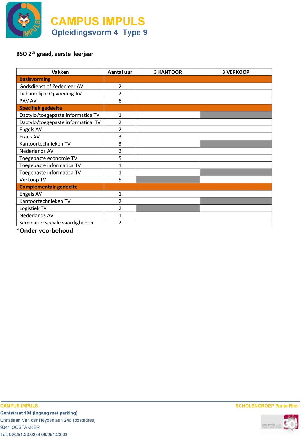 AV 3 Kantoortechnieken TV 3 Nederlands AV 2 Toegepaste economie TV 5 Toegepaste informatica TV 1 Toegepaste informatica TV 1 Verkoop