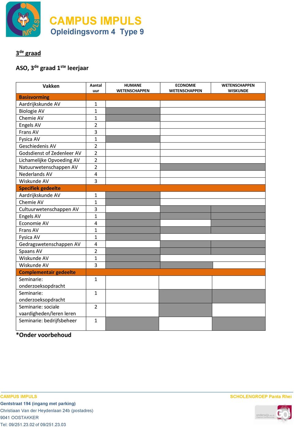 Cultuurwetenschappen AV 3 Engels AV 1 Economie AV 4 Frans AV 1 Fysica AV 1 Gedragswetenschappen AV 4 Spaans AV 2 Wiskunde AV 1 Wiskunde AV 3 Complementair gedeelte Seminarie: 1