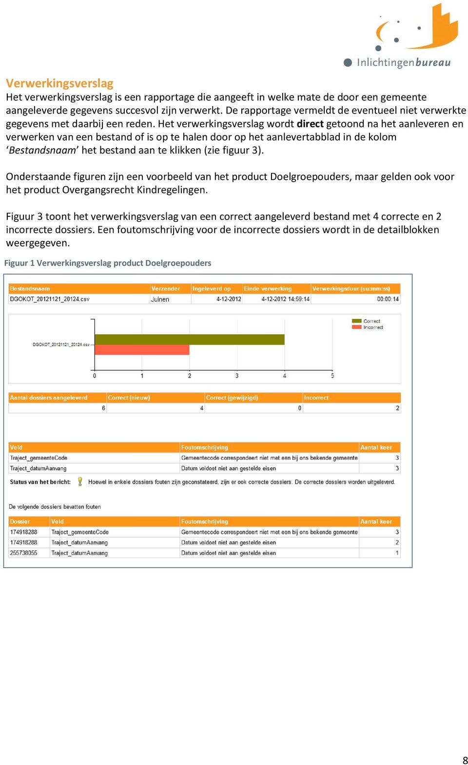 Het verwerkingsverslag wordt direct getoond na het aanleveren en verwerken van een bestand of is op te halen door op het aanlevertabblad in de kolom Bestandsnaam het bestand aan te klikken (zie