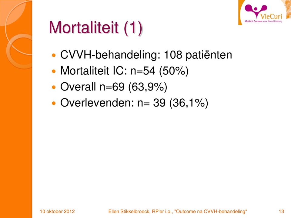 Overlevenden: n= 39 (36,1%) 10 oktober 2012 Ellen