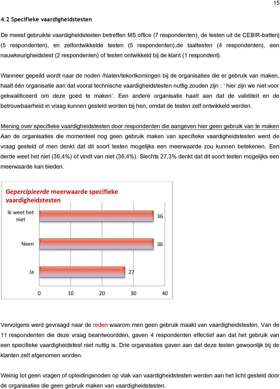 Wanneer gepeild wordt naar de noden /hiaten/tekortkomingen bij de organisaties die er gebruik van maken, haalt één organisatie aan dat vooral technische vaardigheidstesten nuttig zouden zijn : hier