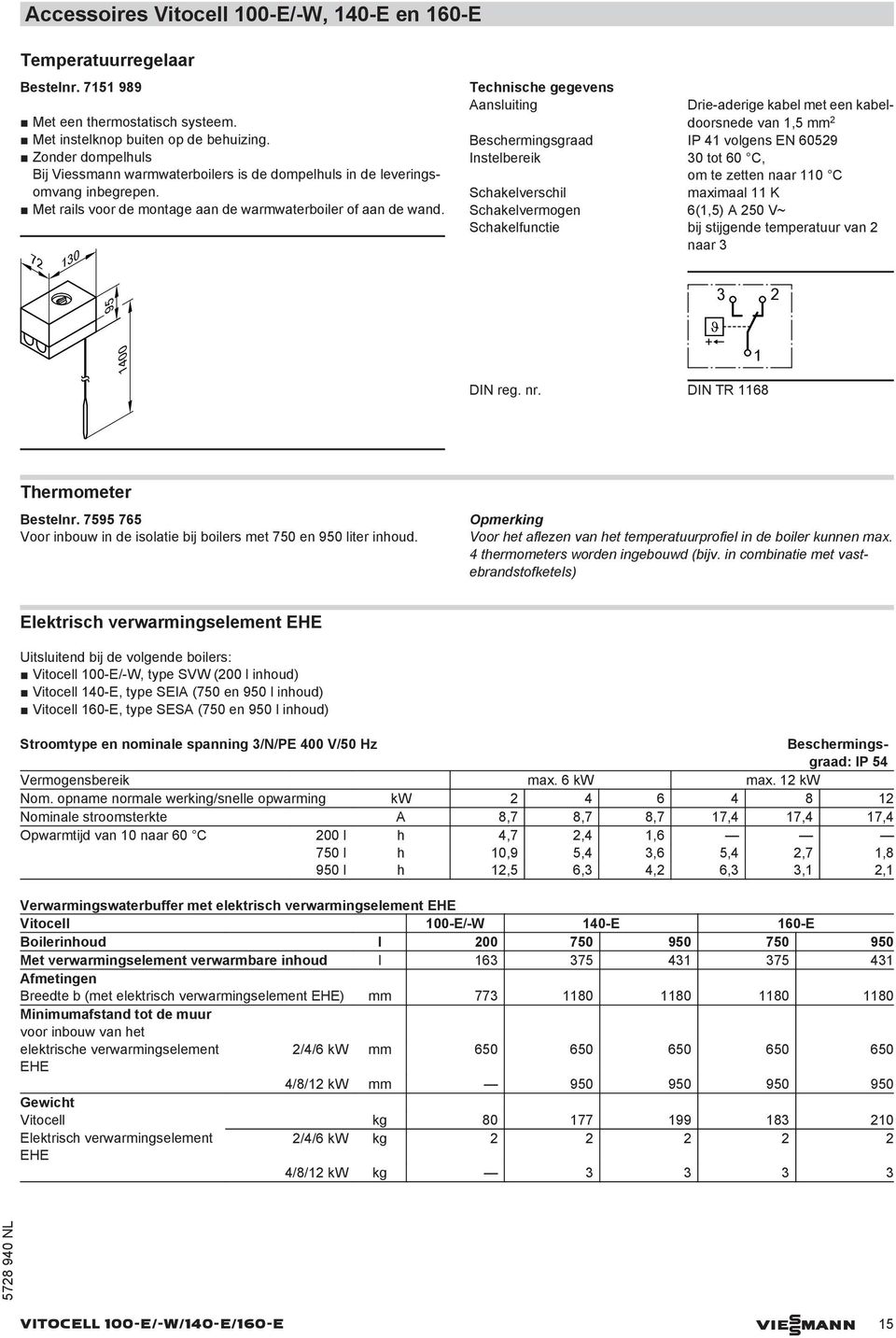 72 130 Technische gegevens Aansluiting Drie-aderige kael met een kaeldoorsnede van 1,5 mm 2 Beschermingsgraad IP 41 volgens EN 60529 Instelereik 30 tot 60 C, om te zetten naar 110 C Schakelverschil