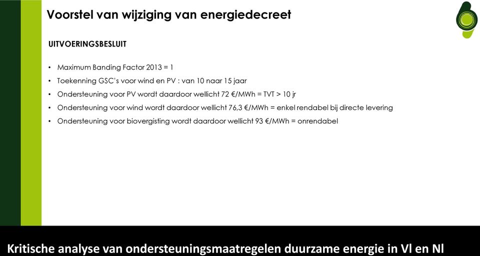 wellicht 72 /MWh = TVT > 10 jr Ondersteuning voor wind wordt daardoor wellicht 76,3 /MWh = enkel
