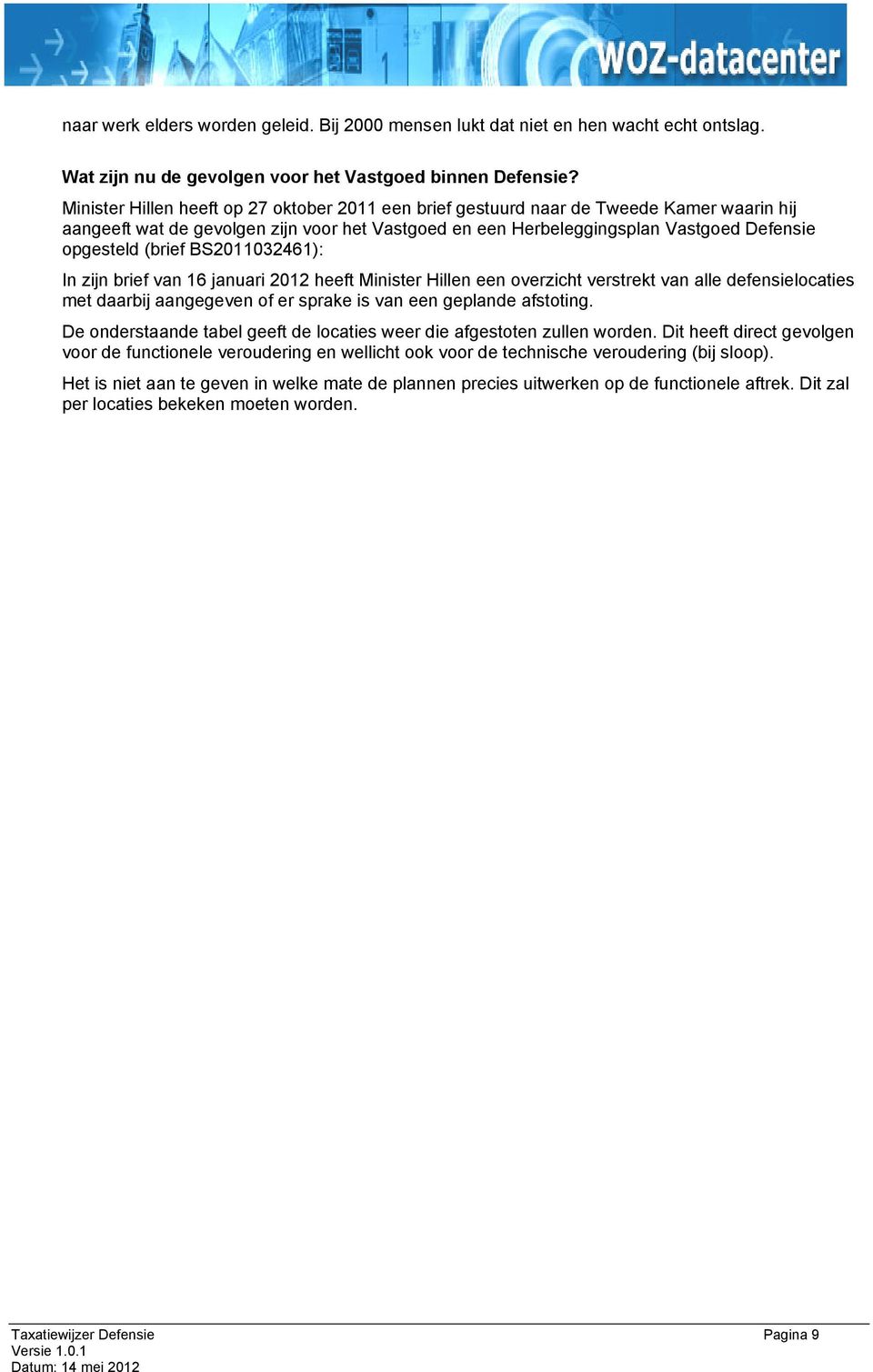 BS2011032461): In zijn brief van 16 januari 2012 heeft Minister Hillen een overzicht verstrekt van alle defensielocaties met daarbij aangegeven of er sprake is van een geplande afstoting.