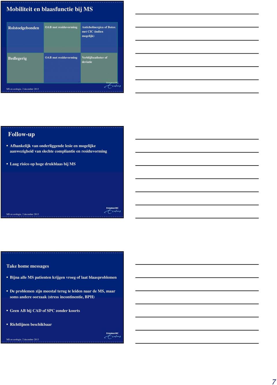 residuvorming Laag risico op hoge drukblaas bij MS Take home messages Bijna alle MS patienten krijgen vroeg of laat blaasproblemen De problemen