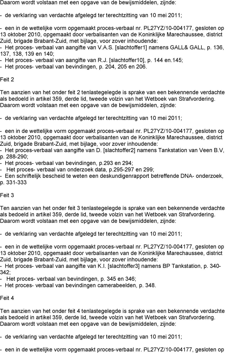 verbaal van aangifte van V.A.S. [slachtoffer1] namens GALL& GALL, p. 136, 137, 138, 139 en 140; - Het proces- verbaal van aangifte van R.J. [slachtoffer10], p. 144 en.