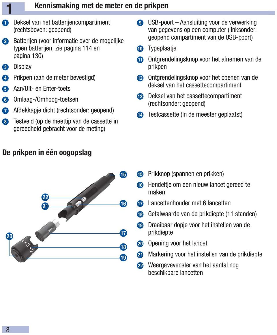 gebracht voor de meting) 9 USB-poort Aansluiting voor de verwerking van gegevens op een computer (linksonder: geopend compartiment van de USB-poort) 0 Typeplaatje q Ontgrendelingsknop voor het