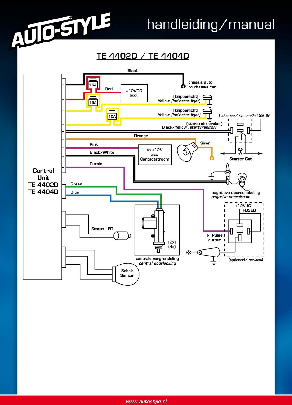 4402D TE 4404D Green Blue Pink Black/White Purple to +12V acc Contactstroom Siren Starter Cut + negatieve deurschakeling negative