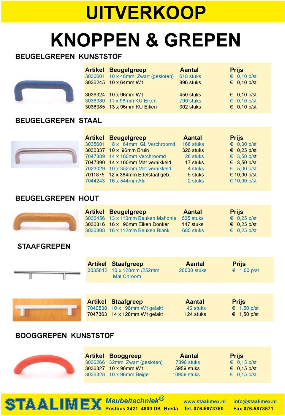 Verchroomd 168 stuks 0,30 p/st 3036337 10 x 96mm Bruin 326 stuks 0,25 p/st 7047389 14 x 160mm Verchroomd 28 stuks 3,50 p/st 7047390 14 x 160mm Mat vernikkeld 17 stuks 3,50 p/st 7023029 10 x 352mm Mat