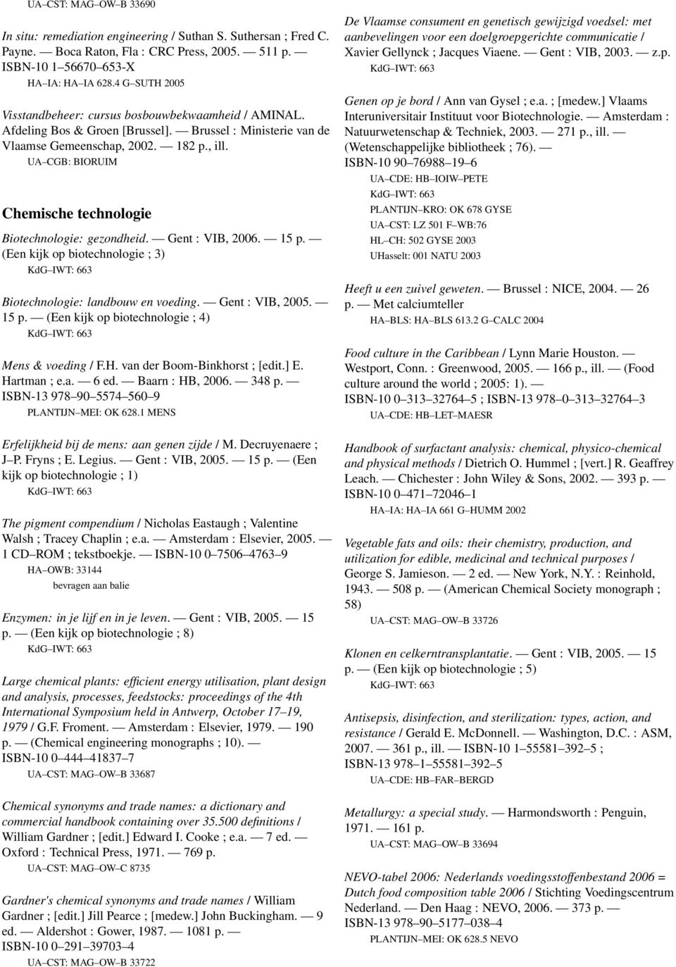 Chemische technologie Biotechnologie: gezondheid. Gent : VIB, 2006. 15 p. (Een kijk op biotechnologie ; 3) Biotechnologie: landbouw en voeding. Gent : VIB, 2005. 15 p. (Een kijk op biotechnologie ; 4) Mens & voeding / F.
