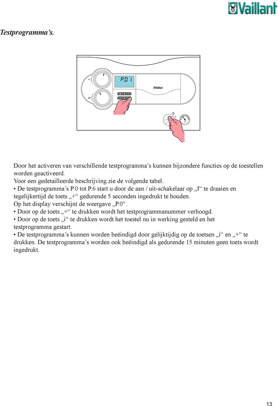 6 start u door de aan / uit-schakelaar op I te draaien en tegelijkertijd de toets + gedurende 5 seconden ingedrukt te houden. Op het display verschijnt de weergave P.0.