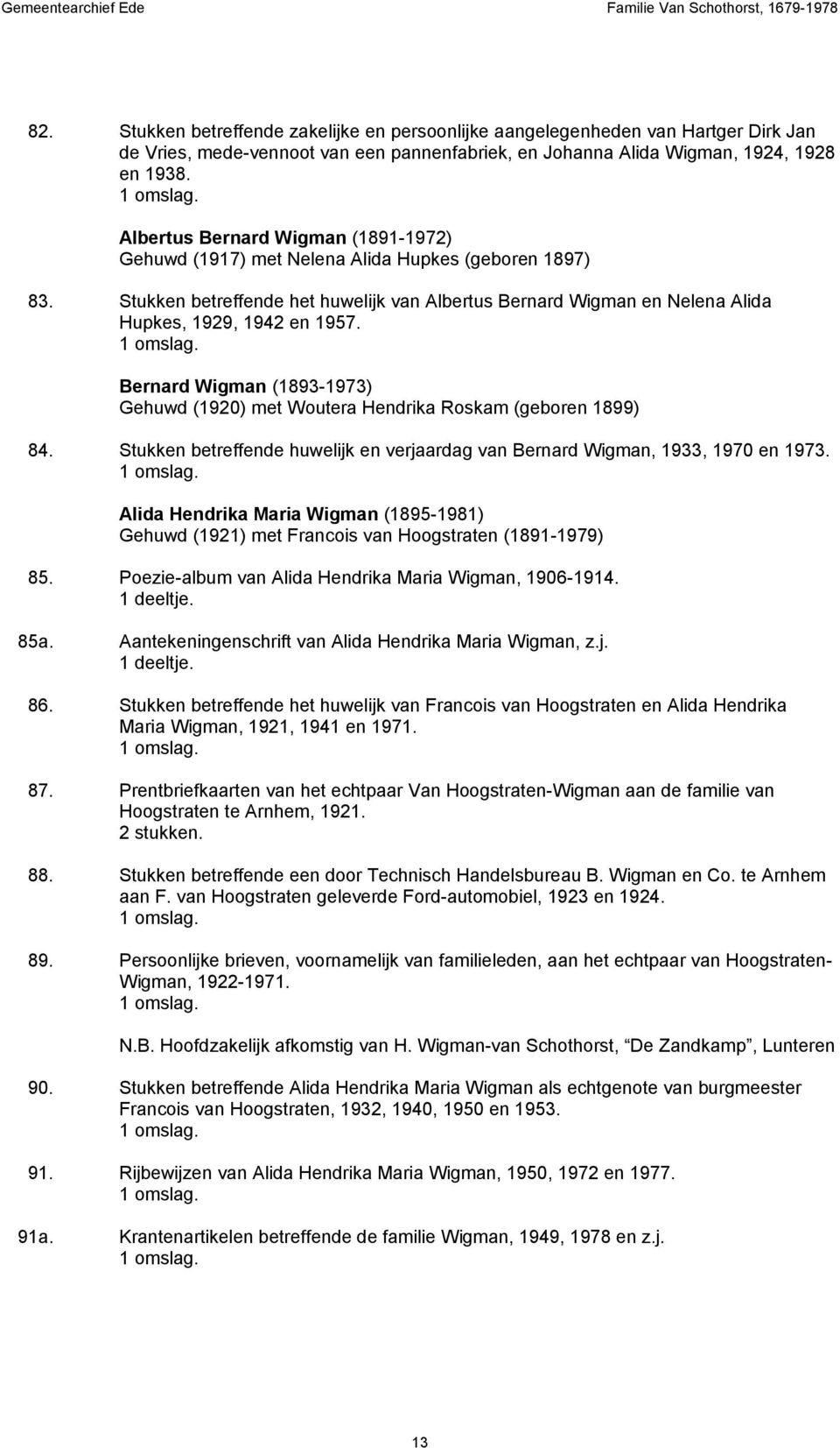 Bernard Wigman (1893-1973) Gehuwd (1920) met Woutera Hendrika Roskam (geboren 1899) 84. Stukken betreffende huwelijk en verjaardag van Bernard Wigman, 1933, 1970 en 1973.