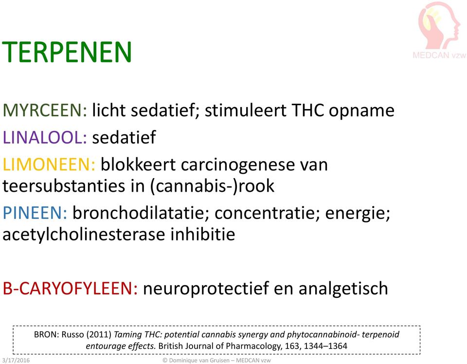 acetylcholinesterase inhibitie B-CARYOFYLEEN: neuroprotectief en analgetisch BRON: Russo (2011) Taming THC: