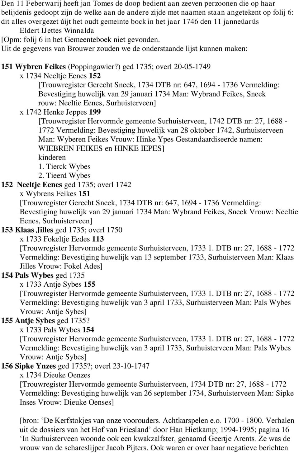 Uit de gegevens van Brouwer zouden we de onderstaande lijst kunnen maken: 151 Wybren Feikes (Poppingawier?