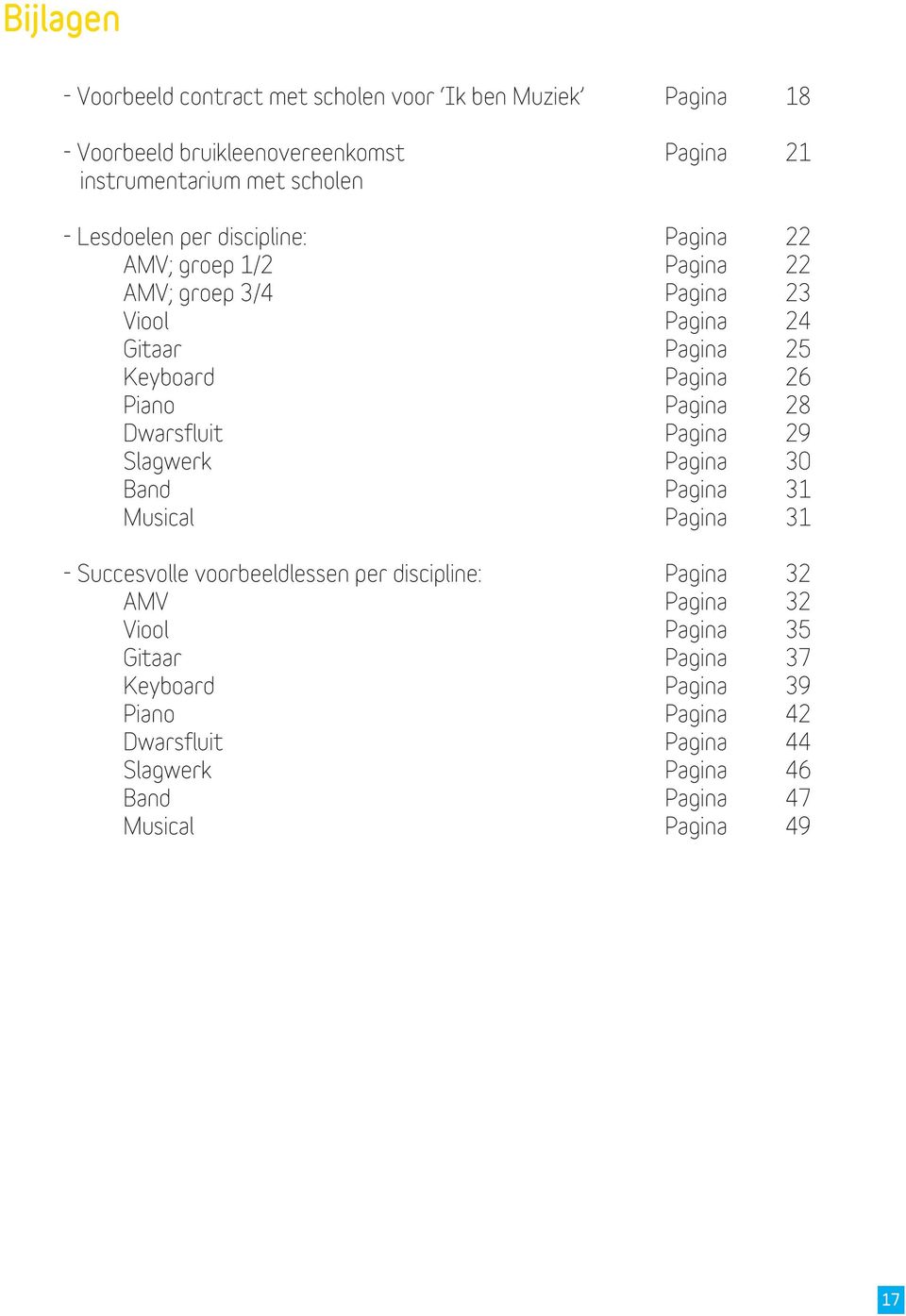 Pagina 28 Dwarsfluit Pagina 29 Slagwerk Pagina 30 Band Pagina 31 Musical Pagina 31 - Succesvolle voorbeeldlessen per discipline: Pagina 32 AMV