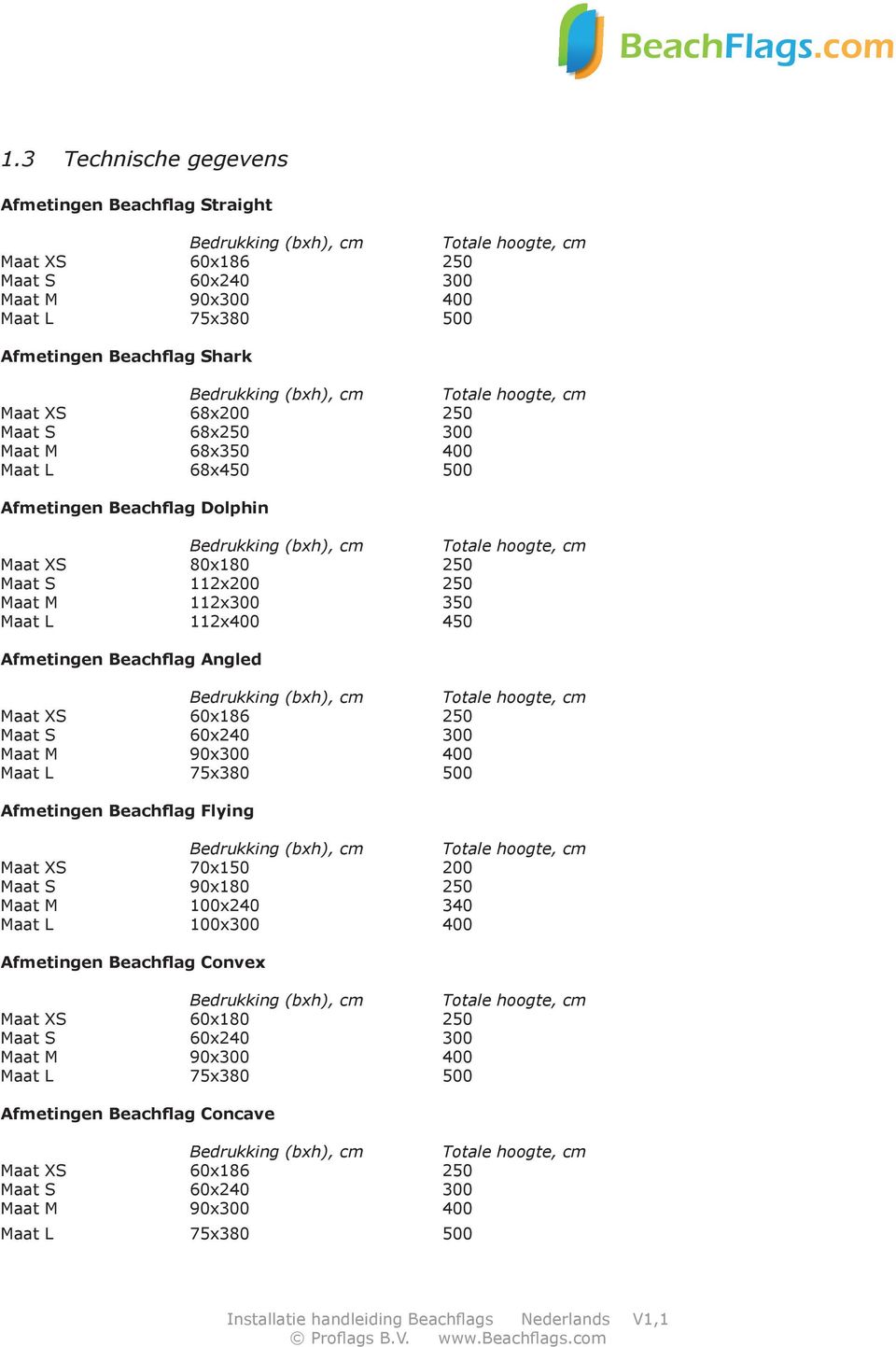 XS 60x186 250 Maat S 60x240 300 Maat M 90x300 400 Maat L 75x380 500 Afmetingen Beachflag Flying Maat XS 70x150 200 Maat S 90x180 250 Maat M 100x240 340 Maat L 100x300 400 Afmetingen