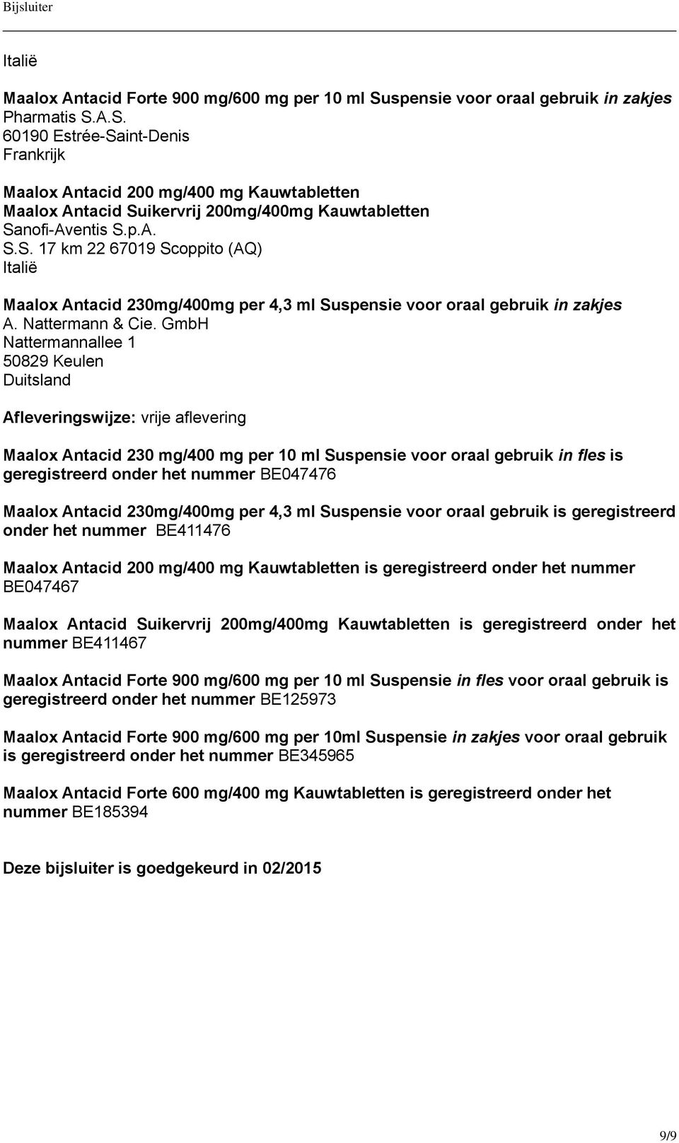 p.A. S.S. 17 km 22 67019 Scoppito (AQ) Italië Maalox Antacid 230mg/400mg per 4,3 ml Suspensie voor oraal gebruik in zakjes A. Nattermann & Cie.