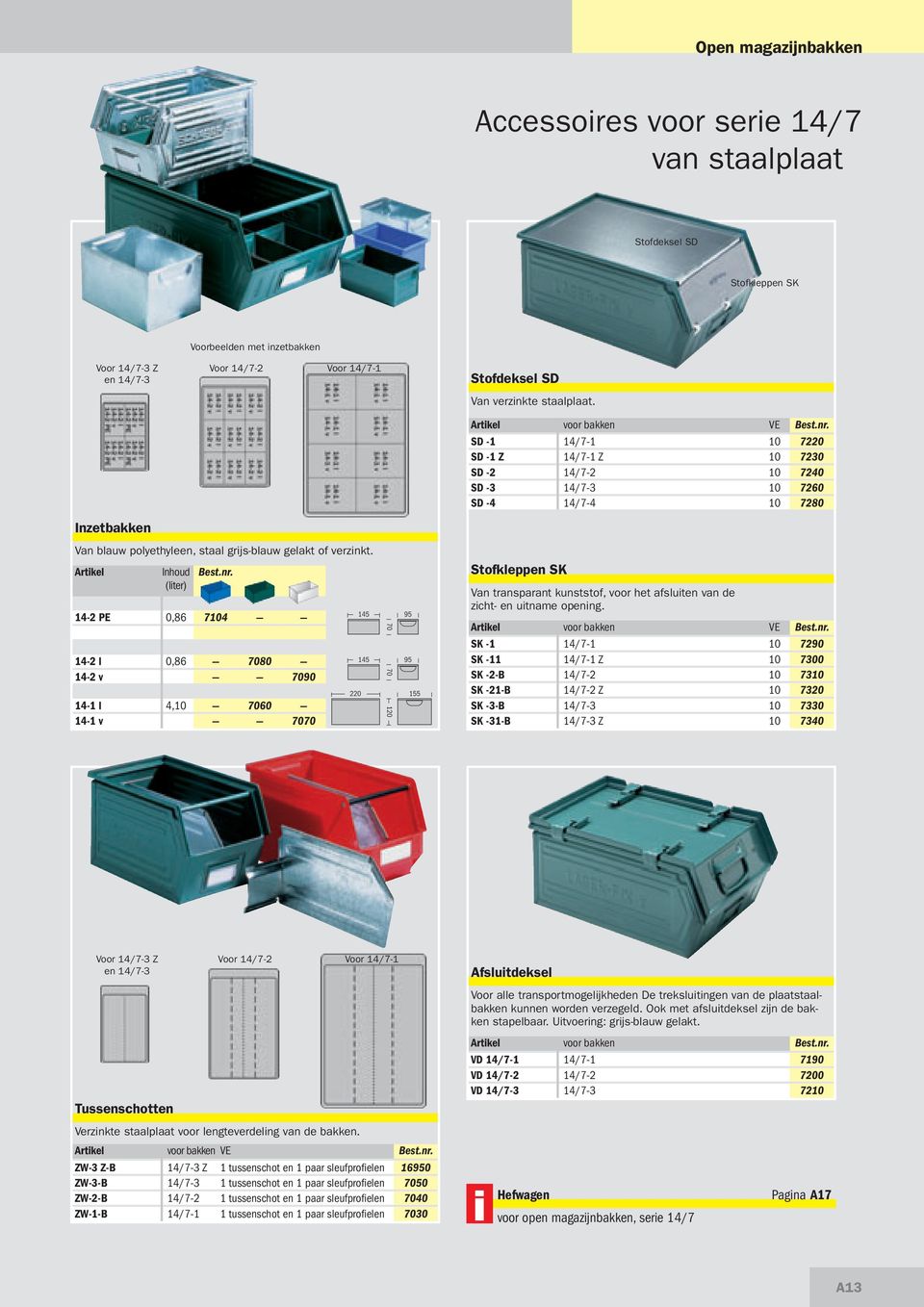 voor bakken VE SD -1 14/7-1 10 7220 SD -1 Z 14/7-1 Z 10 7230 SD -2 14/7-2 10 7240 SD -3 14/7-3 10 7260 SD -4 14/7-4 10 7280 Inzetbakken Van blauw polyethyleen, staal grijs-blauw gelakt of verzinkt.