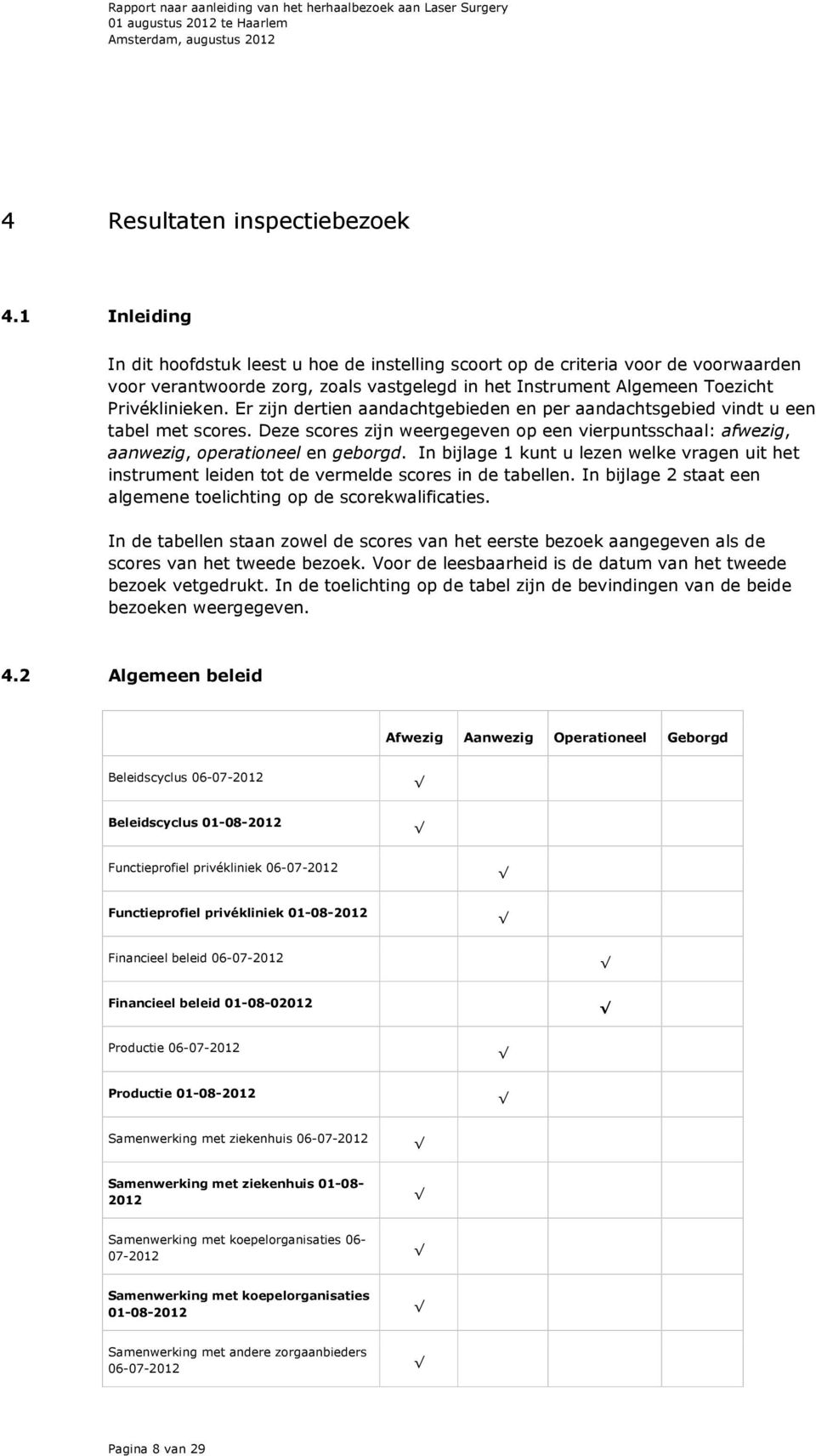 Er zijn dertien aandachtgebieden en per aandachtsgebied vindt u een tabel met scres. Deze scres zijn weergegeven p een vierpuntsschaal: afwezig, aanwezig, peratineel en gebrgd.