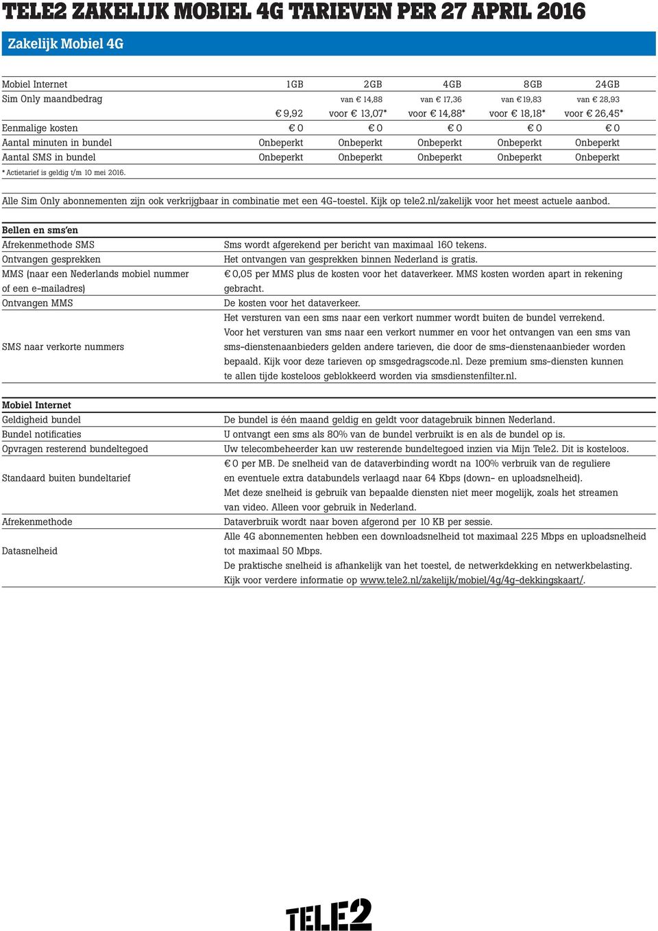 Actietarief is geldig t/m 10 mei 2016. Alle Sim Only abonnementen zijn ook verkrijgbaar in combinatie met een 4G-toestel. Kijk op tele2.nl/zakelijk voor het meest actuele aanbod.
