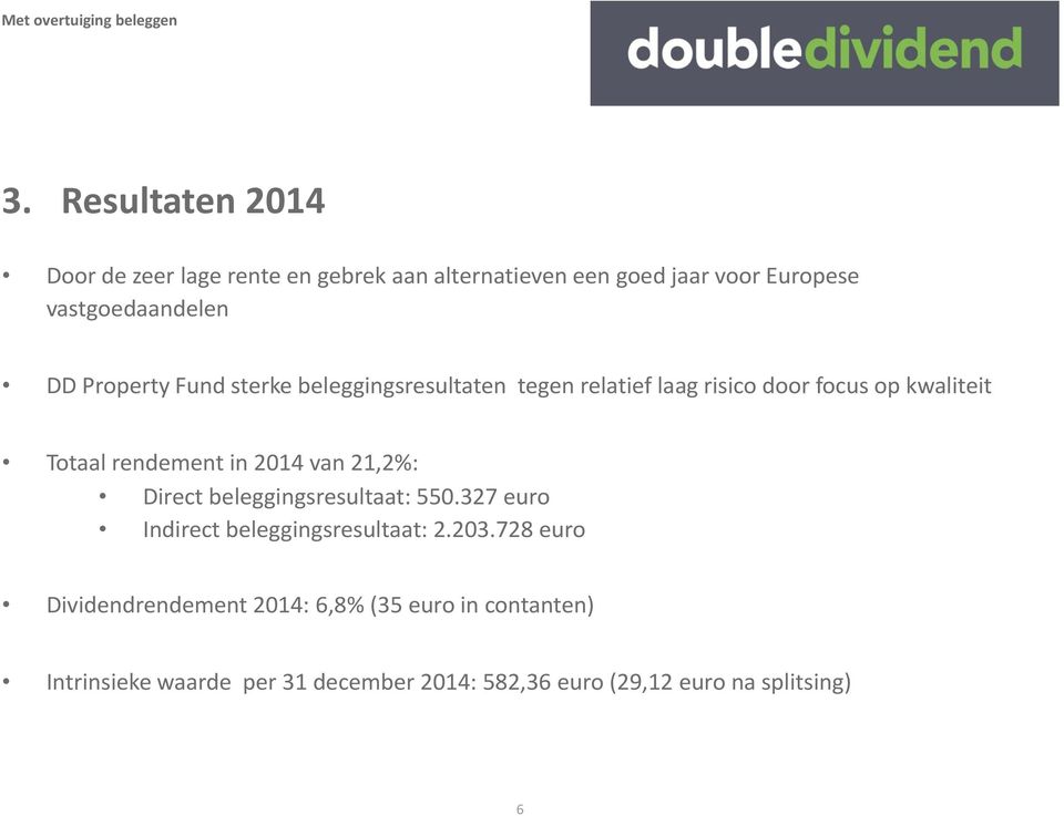 2014 van 21,2%: Direct beleggingsresultaat: 550.327 euro Indirect beleggingsresultaat: 2.203.