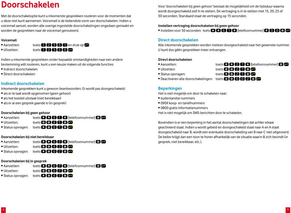 Voicemail Aanzetten: toets 1 2 3 3 1 en druk op Uitzetten: toets 1 2 3 3 0 Indien u inkomende gesprekken onder bepaalde omstandigheden naar een andere bestemming wilt routeren, kunt u een keuze maken