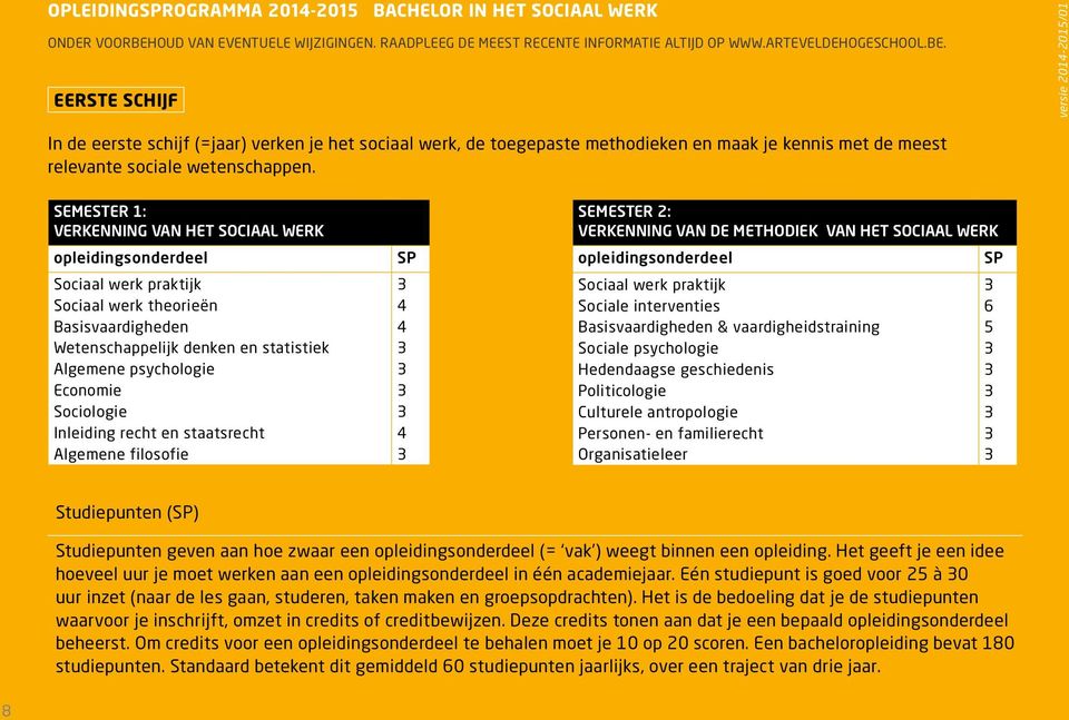 eerste schijf versie 2014-2015/01 In de eerste schijf (=jaar) verken je het sociaal werk, de toegepaste methodieken en maak je kennis met de meest relevante sociale wetenschappen.