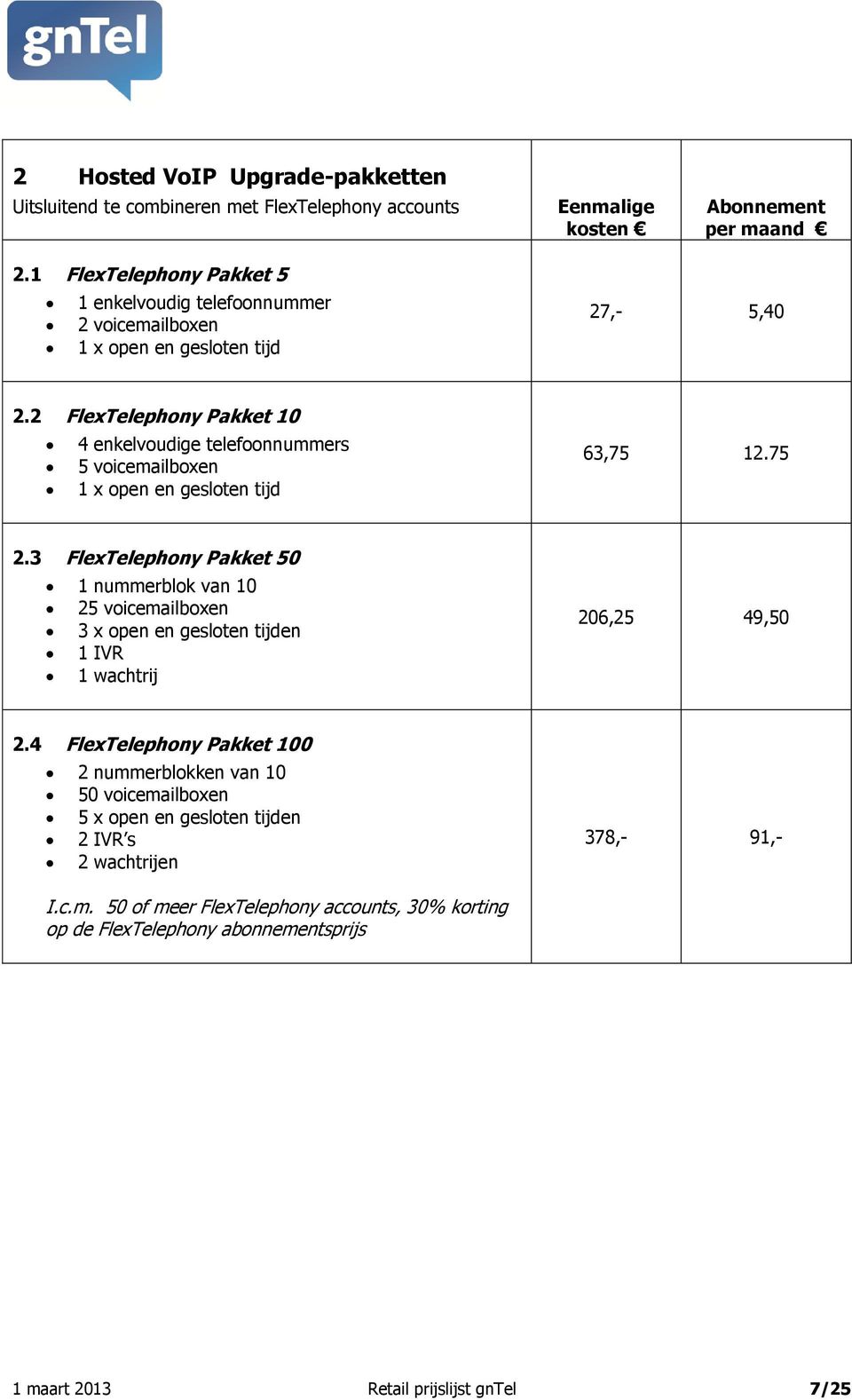 2 FlexTelephony Pakket 10 4 enkelvoudige telefoonnummers 5 voicemailboxen 1 x open en gesloten tijd 63,75 12.75 2.