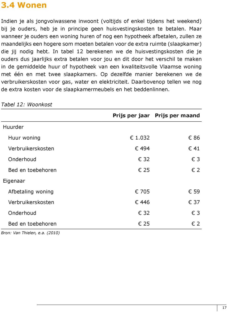 In tabel 12 berekenen we de huisvestingskosten die je ouders dus jaarlijks extra betalen voor jou en dit door het verschil te maken in de gemiddelde huur of hypotheek van een kwaliteitsvolle Vlaamse