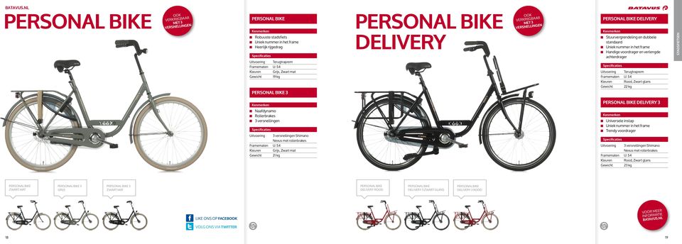 verlengde achterdrager Uitvoering Terugtraprem Framematen U: 54 Kleuren Rood, Zwart glans Gewicht 22 kg STADSFIETSEN PERSONAL BIKE DELIVERY 3 Naafdynamo Rollerbrakes 3 versnellingen Uitvoering 3