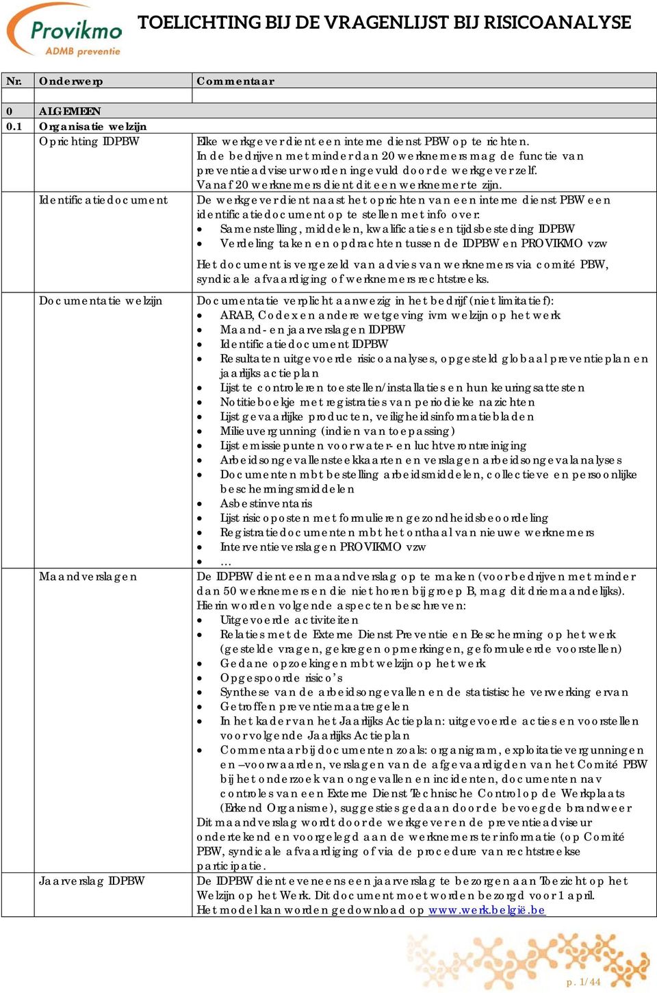 De werkgever dient naast het oprichten van een interne dienst PBW een identificatiedocument op te stellen met info over: Samenstelling, middelen, kwalificaties en tijdsbesteding IDPBW Verdeling taken