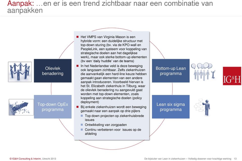 via de KPO-wall en PeopleLink, een systeem voor koppeling van strategische doelen aan het dagelijkse werk), maar ook sterke bottom-up elementen (bv een daily huddle van de teams) In het Nederlandse