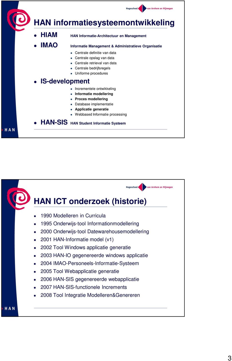 Webbased Informatie processing HAN-SIS HAN Student Informatie Systeem HAN ICT onderzoek (historie) 1990 Modelleren in Curricula 1995 Onderwijs-tool Informationmodellering 2000 Onderwijs-tool