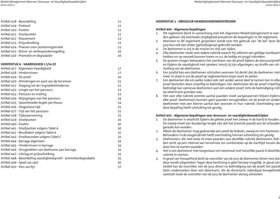 Artikel 426 - Promotie en degradatie 16 HOOFDSTUK 6 - VAARDIGHEID L t/m ZZ Artikel 427 - Algemeen Vaardigheid 17 Artikel 428 - Hindernissen 17 Artikel 429 - De proef 20 Artikel 430 - Afmetingen en