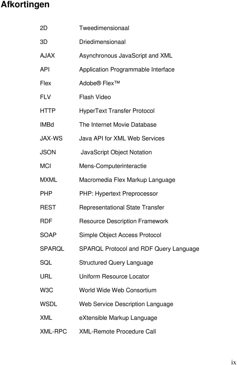 Mens-Computerinteractie Macromedia Flex Markup Language PHP: Hypertext Preprocessor Representational State Transfer Resource Description Framework Simple Object Access Protocol SPARQL