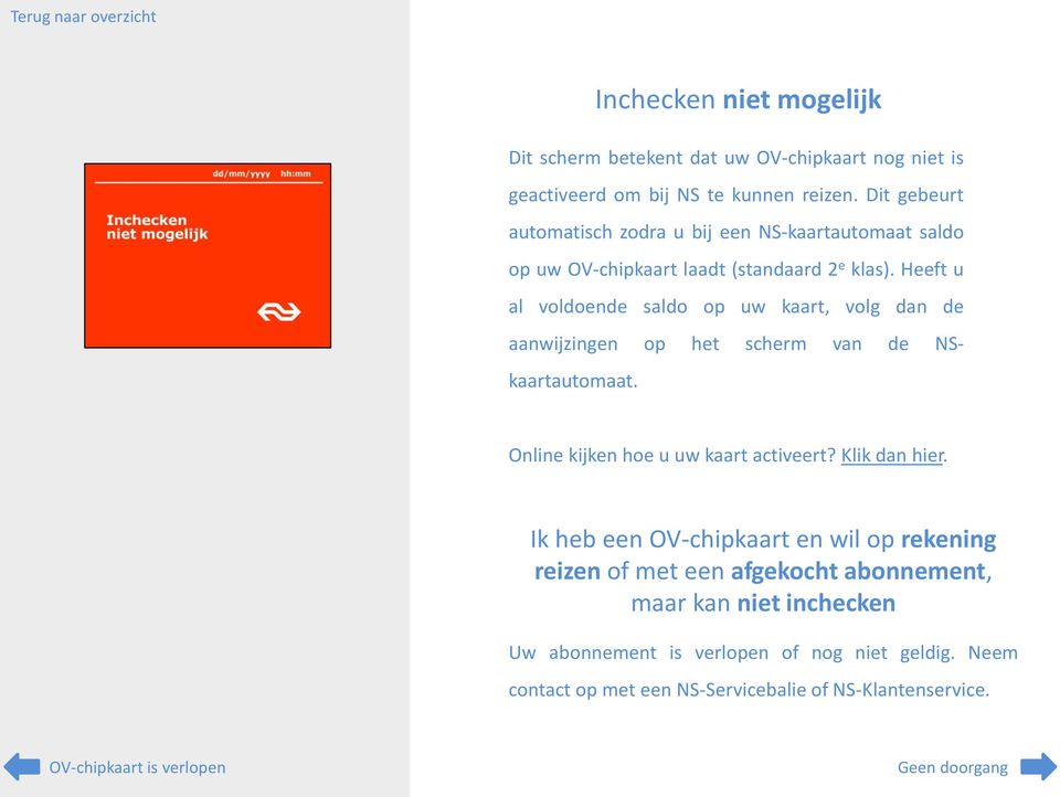 Heeft u al voldoende saldo op uw kaart, volg dan de aanwijzingen op het scherm van de NSkaartautomaat. Online kijken hoe u uw kaart activeert? Klik dan hier.