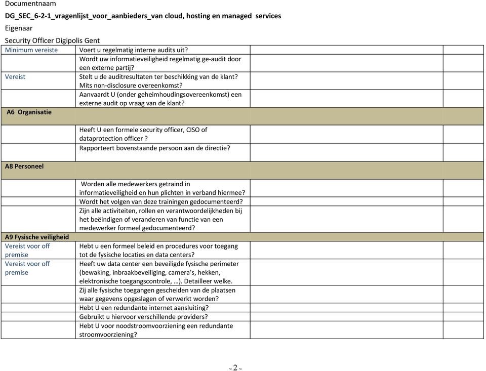 A6 Organisatie A8 Personeel Heeft U een formele security officer, CISO of dataprotection officer? Rapporteert bovenstaande persoon aan de directie?